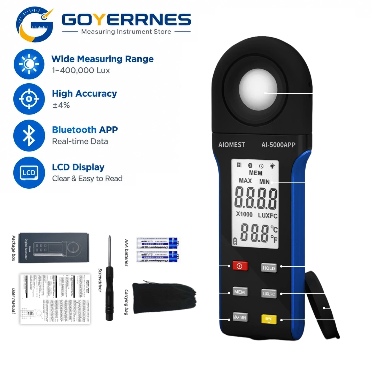 Photography Lighting Meter - 디지털 조도계 1-400000럭스, 블루투스 연결, 실내외